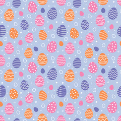 Easter seamless pattern with cute decorated eggs. Colourful background in cartoon style. Vector illustration.