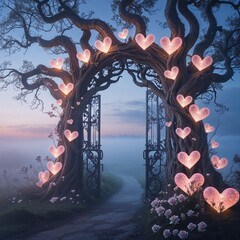 Whimsical Heart-Shaped Lanterns Decorating A Mystical Tree Gate In A Foggy Landscape with Pink Flowers and Soft Light Glow of Twilight Nature Scene.  A Romantic Atmosphere for Wallpaper or Decorative