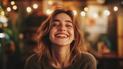 Obraz premium Happy young woman smiling with warm lights in cozy atmosphere