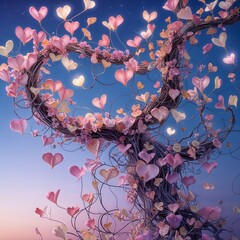 Whimsical Heart-Shaped Tree Branch Adorned With Colorful Heart-Shaped Leaves At Twilight Landscape Scenery With Softness And Tranquility Atmosphere  With Romantic Elements And Floral Beauty.  A