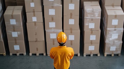 Fototapeta premium Warehouse worker checking inventory in logistics Concept. Worker Observing Stacked Boxes in Warehouse with Safety Helmet