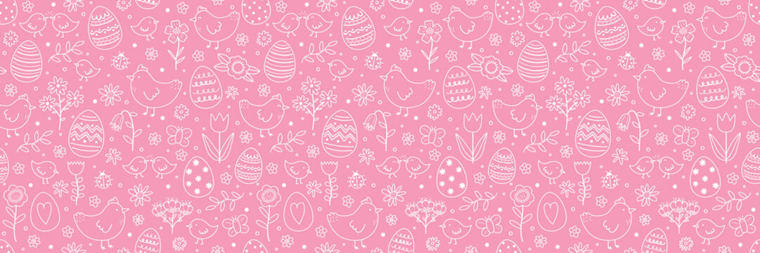 Easter seamless pattern with cute hand drawn eggs, chicks and flowers. Cartoon style background. Vector illustration - Powered by Adobe