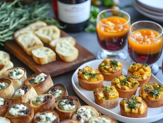Fototapeta premium Gourmet Crostini Appetizers with Goat Cheese, Fig Jam, and Butternut Squash