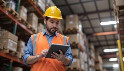Warehouse worker checking inventory in logistics Concept. Warehouse Worker Using Tablet Device for Inventory Management Tasks