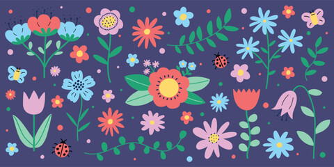 Colourful spring flowers set. Icons in cartoon style. Vector illustration