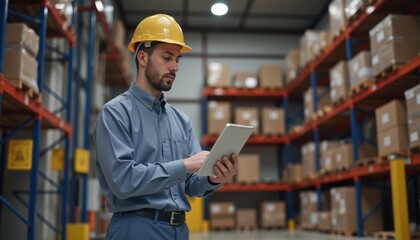 Warehouse worker checking inventory in logistics Concept. Warehouse Worker Using Tablet for Inventory Management in Storage Area