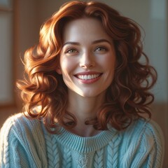 Woman Smiling with Curly Hair Wearing Light Blue Sweater in Warm Natural Lighting. Portrait. Happy Woman. Indoor Shot. Bright Smiling Woman. Relaxed Female. Friendly Look. Emotional Face. Attractive