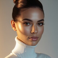 Woman with Glowing Skin and Elegant Turtleneck in a Softly Lit Portrait Setting
