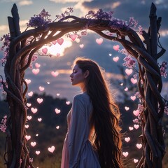 Woman With Long Hair In A Flowing Dress Surrounded By Heart-Shaped Lights At Sunset  With Flowers And Trees Background During Golden Hour Landscape  With Vibrant Colors And Delicate Light Source