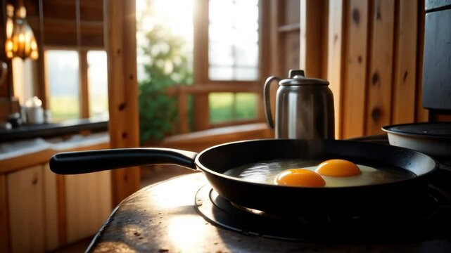 Cozy Rural Kitchen Morning with Cooking Eggs in a Pan
Sunlit rustic kitchen scene showing frying eggs in a pan on a stove, evoking comfort and tranquility. Ai-generated