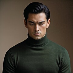 Young Man In Dark Green Sweater With Thoughtful Expression Against Neutral Backgrounds of Studio Photography. Studio Shot of a Serious Man Wearing a Green Turtleneck Sweater. High-Quality Portrait