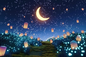 Enchanted night scene with glowing lanterns floating amidst a field of sparkling grass under a crescent moon.