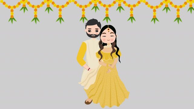 Represent the wedding haldi concept with 2D flat character animation. Characters engage in the haldi ritual, apply turmeric, and celebrate in a sleek, minimalist design.