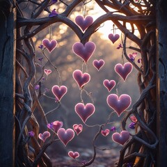 Wooden Archway Decorated With Pink Hearts And Vines Surrounded By Misty Atmosphere.  A Tranquil Scene.  An Artistic Design. A Romantic Theme. A Scenic View. A Decorative Item.  A Beautiful Image. A