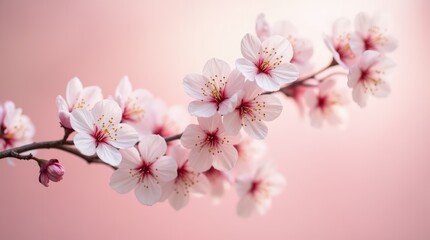 Naklejka premium Blossoming Cherry Flowers Against a Soft Pink Background in Spring Sunlight