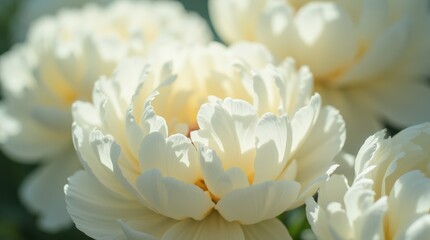 White Peonies Bloom in a Serene Garden Setting During Sunny Spring Weather