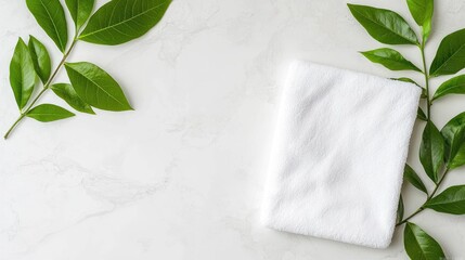 White towel, green leaves, marble background; spa, wellness
