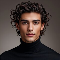 Young Man with Curly Hair Wearing Black Sweater in Studio Portrait Against Neutral Background