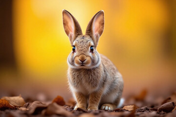 Fototapeta premium young rabbit in forest floor setting brown gray fur dry leaves