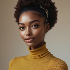Young Woman with Curly Afro Hair Wearing Turtleneck and Gold Accessories in Studio Portrait