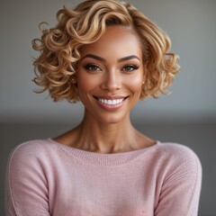 Young Woman with Curly Blonde Hair Smiling Confidently in a Cozy Sweater Indoors
