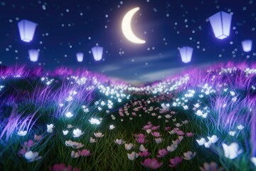 Obraz premium Enchanted night scene: Glowing flowers illuminate a path under a crescent moon, lit by floating lanterns.