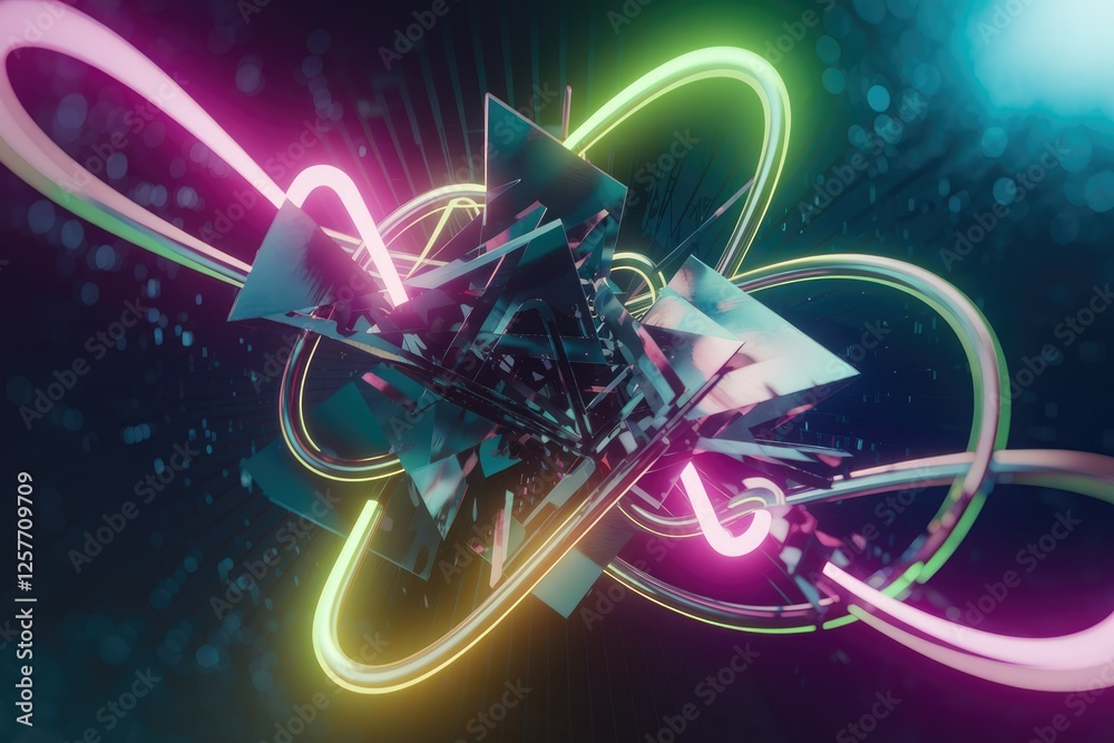 Poster Abstract 3D artwork featuring neon lights and geometric shapes creating a vibrant, dynamic composition.