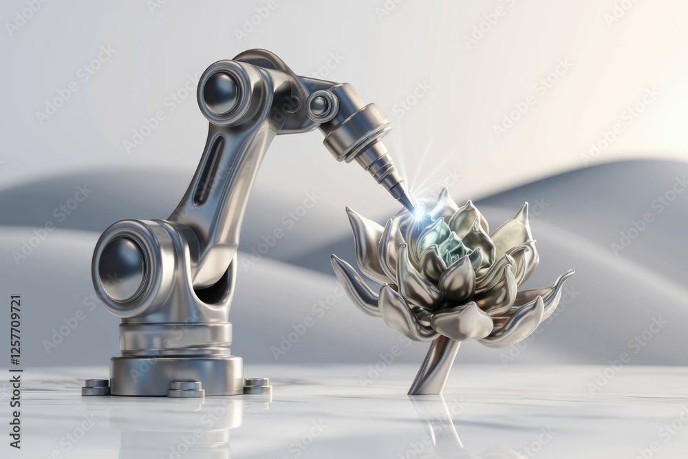 Poster a robotic arm delicately interacts with a metallic lotus flower, showcasing advanced technology and 