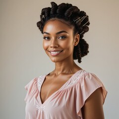Young Woman with Natural Hair Smiling in Soft Lighting Against a Neutral Background