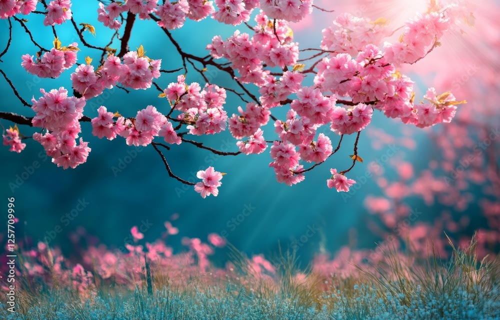 Poster A tranquil blurred scene of spring nature, with a neatly manicured lawn embraced by trees, framed by a clear blue sky scattered with clouds, on a glorious sunny day