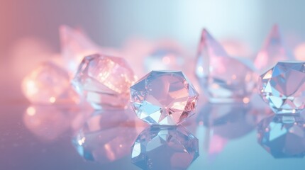 Fototapeta premium Crystal Gems Scattered on Reflective Surface With Soft Lighting Effects