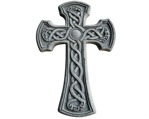 stone carved Celtic cross featuring intricate patterns and designs, symbolizing heritage and spirituality. This artistic piece showcases detailed craftsmanship and cultural significance