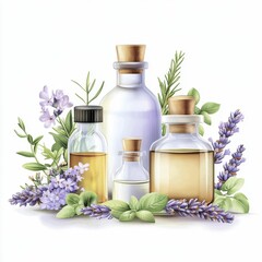 Watercolor Illustration Of Essential Oils And Herbs