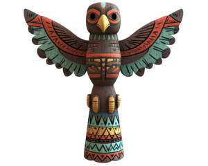 colorful totem sculpture featuring bird design with intricate patterns and vibrant colors. This artistic piece showcases cultural craftsmanship and creativity