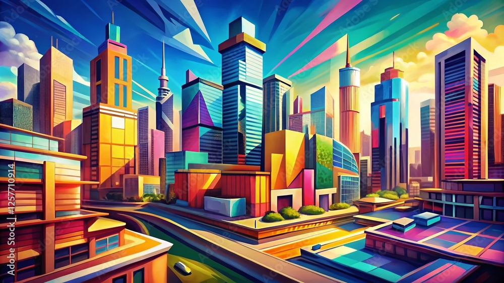 Wall mural Abstract Pop Art Architecture Drone Sketch: Vibrant Cityscape Illustration