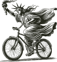 Statue of Liberty symbol riding a bicycle with a raised torch in her hand hand drawing style engraving print on t-shirt vector white background © Dmytro