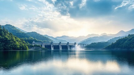 Naklejka premium A serene river landscape with a hydroelectric dam