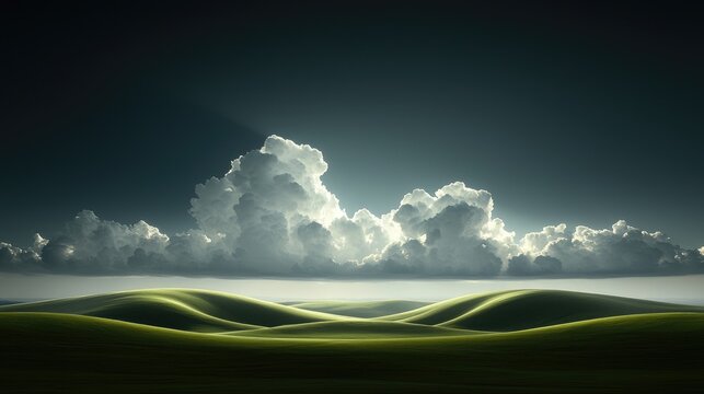 Dramatic cloudscape over rolling green hills at sunset, nature background