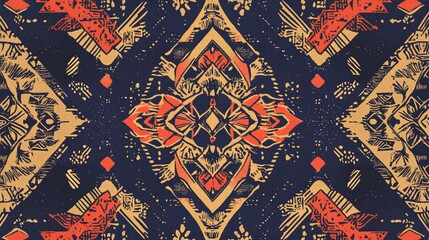 Obraz premium Intricate geometric pattern in orange and yellow on navy blue background with a repeating ornamental design