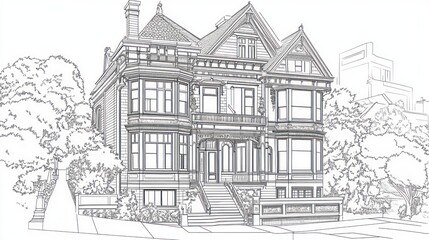 Fototapeta premium Victorian house architectural drawing, city background, design plan