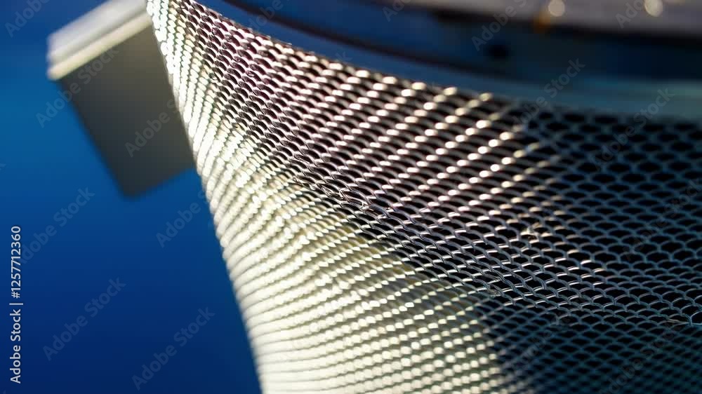 Poster sunlight illuminates metallic mesh, creating intricate patterns of light and shadow against a clear 