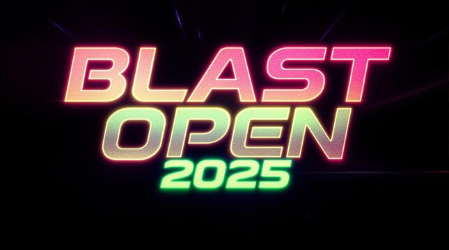 Blast Open 2025 neon text on a black background for esports news