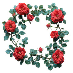Frame of luxurious red roses in full bloom isolated on transparent background, PNG