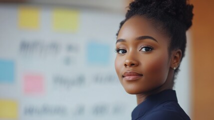 Confident Businesswoman Standing in Front of Whiteboard.