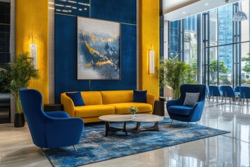 Modern living room interior design with blue and yellow color wall, sofa, and armchair in a luxury apartment or hotel lobby