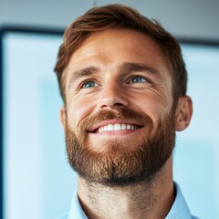 Obraz premium Man with beard smiling and looking up