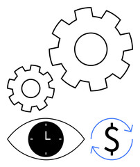 Interlocking gears, clock in an eye, and dollar with arrows suggest efficiency, time tracking, and economic cycles. Ideal for workflow, planning, finances, automation optimization productivity
