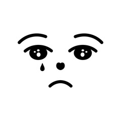 Sad facial expression. Crying face with melancholy emotions. Tears dripping from eyes, frowning eyebrows. Sketch. Vector illustration. Outline on isolated white background. Doodle style. 