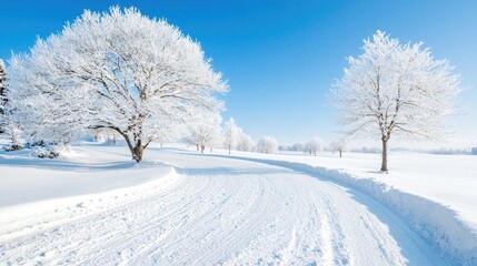 Fototapeta premium Snowy road winding through frosty trees, winter landscape