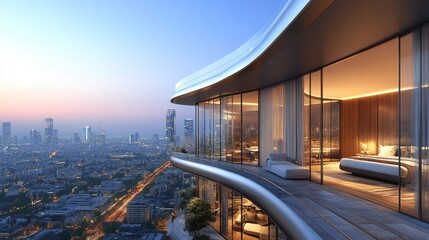 Naklejka premium Modern penthouse balcony overlooking city skyline at dawn